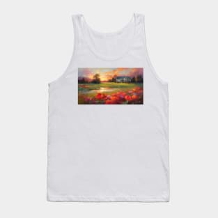 Farmhouse and field of poppies at sunset Tank Top